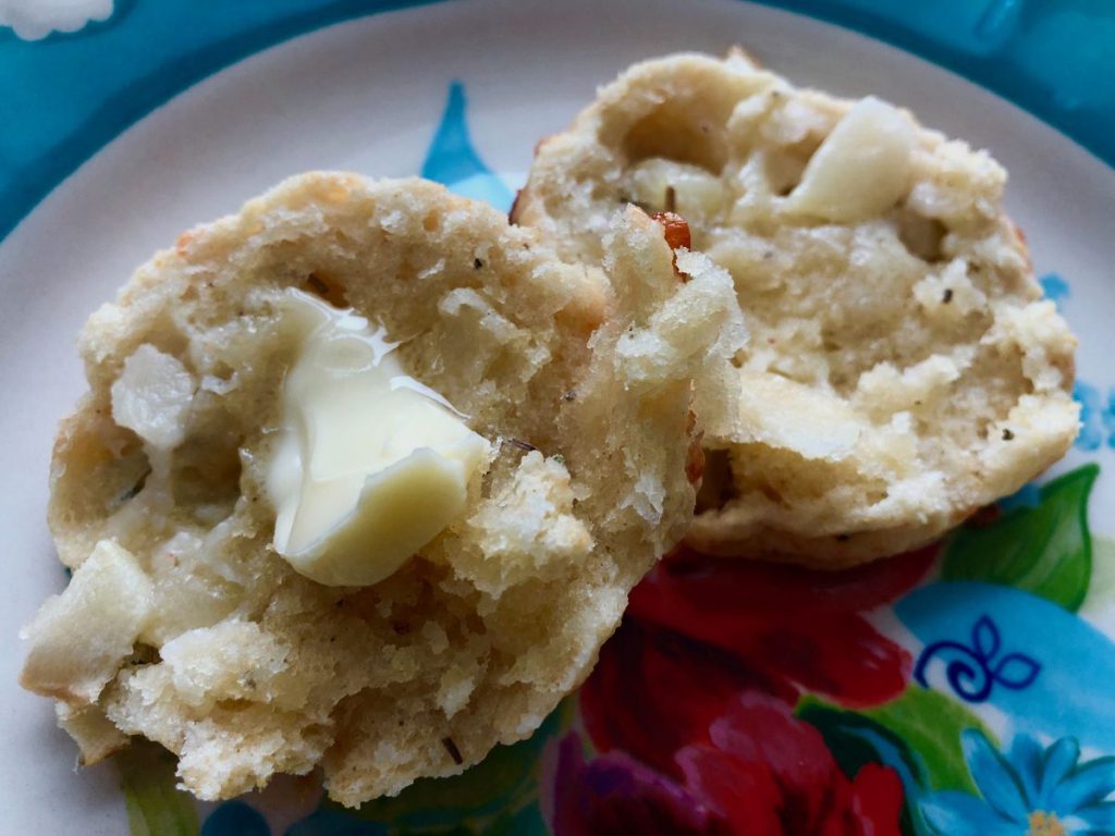 biscuits, buttered, on a plate